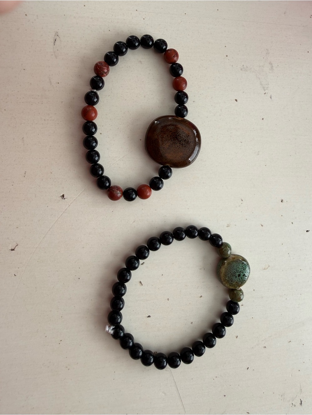 Handmade Black and Brown Beaded Stretch Bracelet - Natural Stone Accent